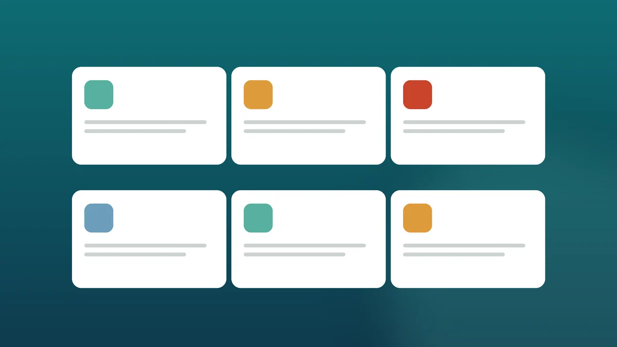 Seis cartões brancos com blocos coloridos organizados em duas fileiras sobre fundo verde